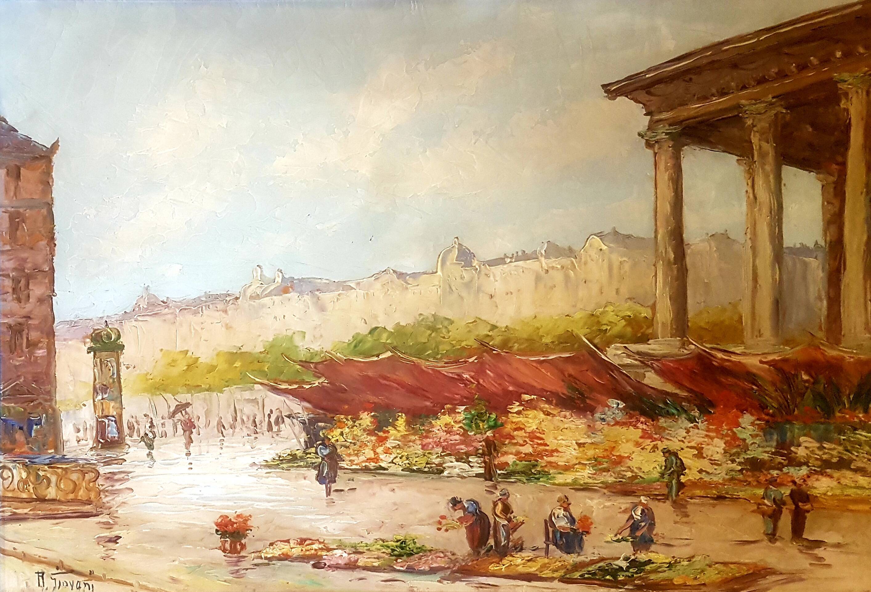 Painting from the 1940s The Flower Market signed Robert Giovani