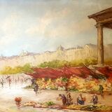 Painting from the 1940s The Flower Market signed Robert Giovani
