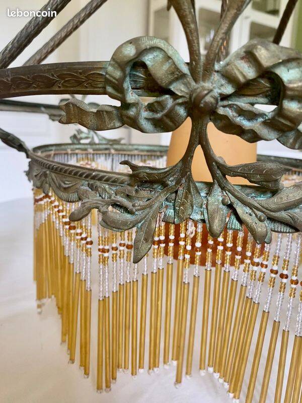 19th century electrified chandelier. Frosted Glass and Bronze