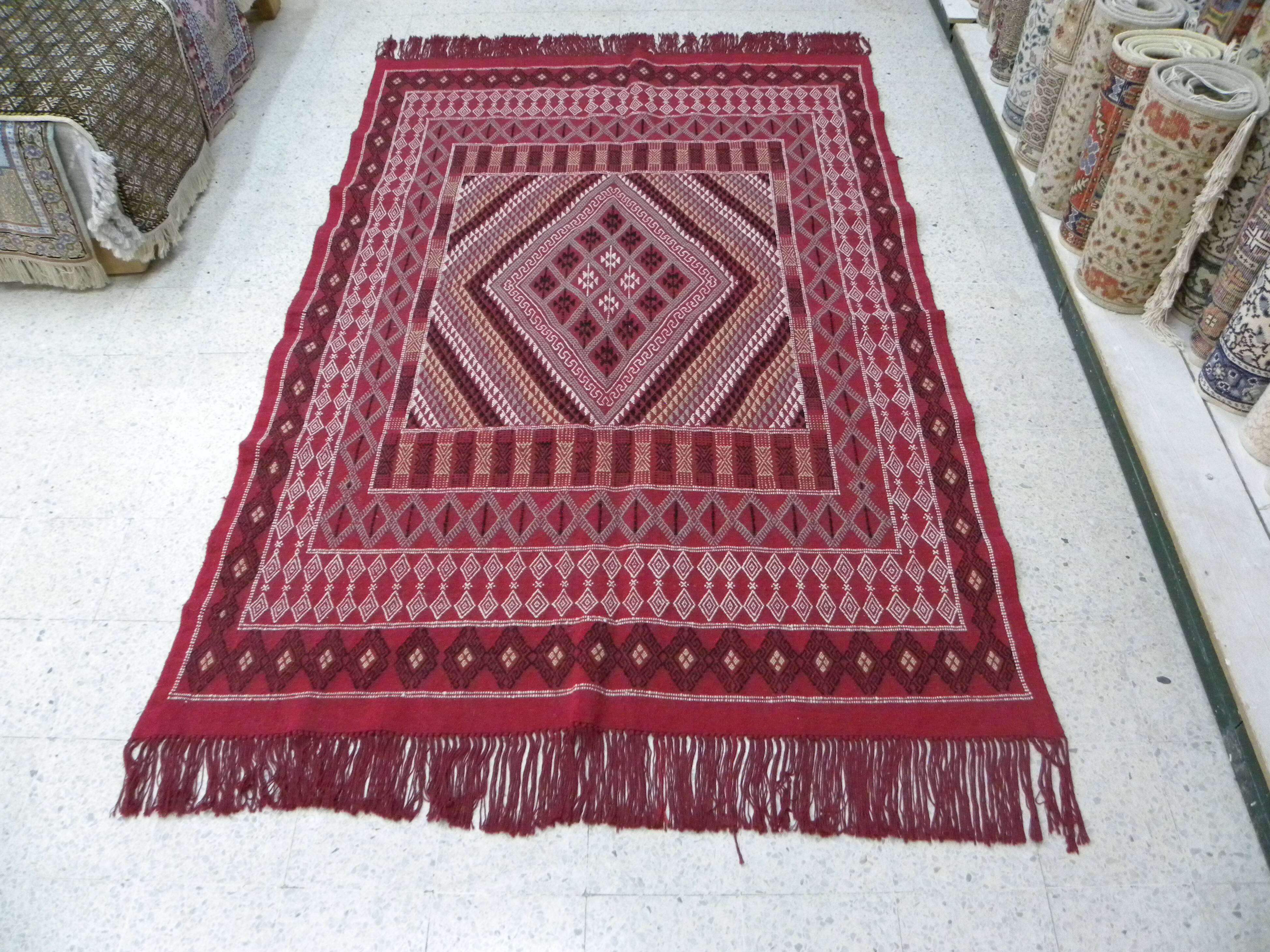 Hand-knotted Red Tunisian Ethnic Berber Wool Rug Margoum