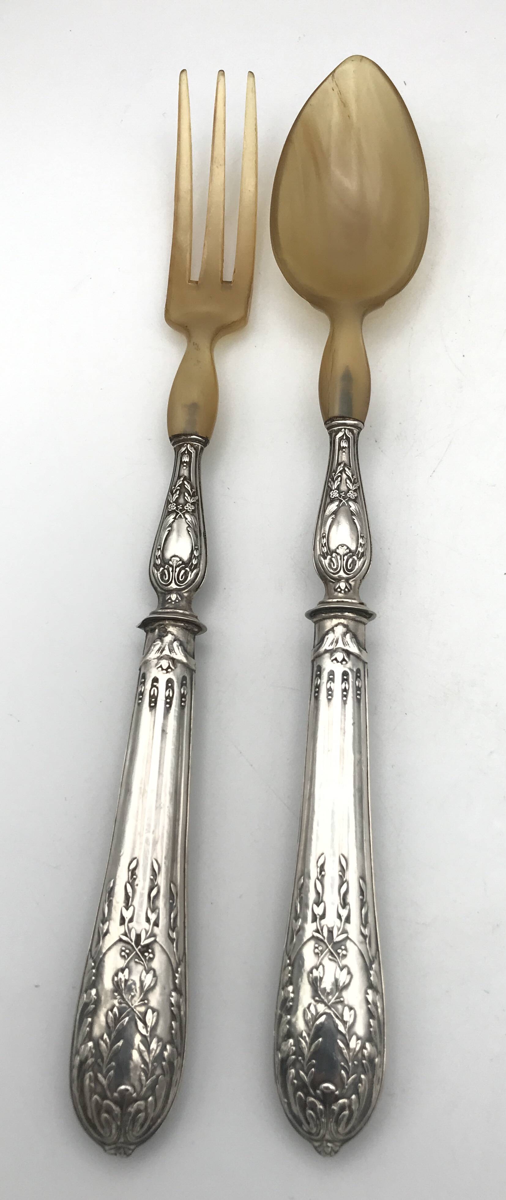Serving cutlery, salad cutlery, in filled silver, minerva hallmarks