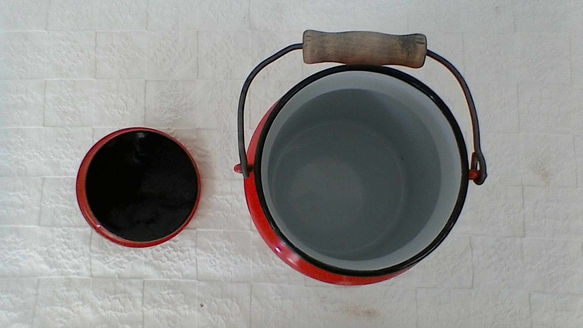 Orange enamelled milk pot, vintage