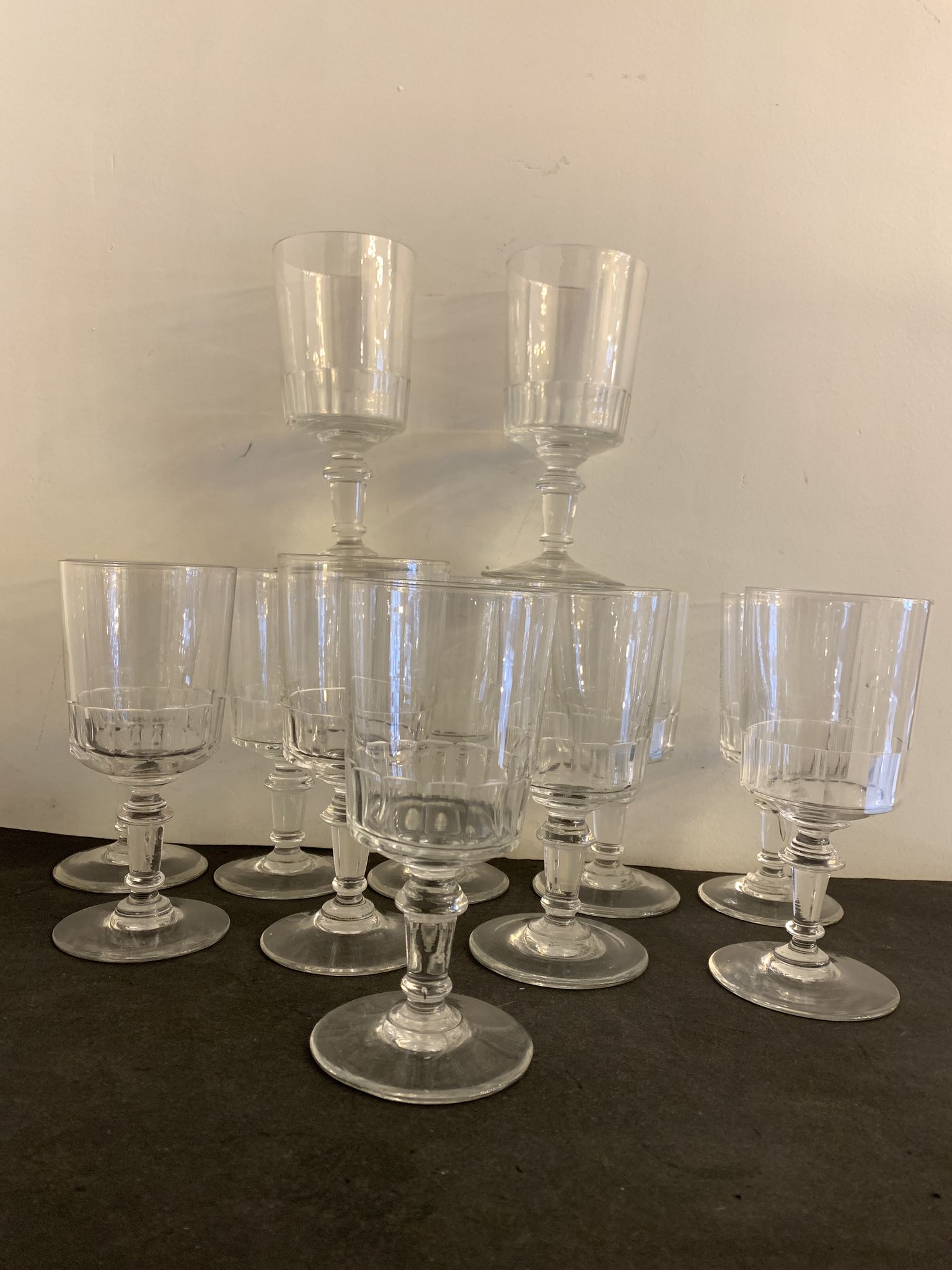 12 antique blown stemmed glasses, Mirabeau model of Baccarat