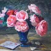 Jean Chaleyé, Roses dans un vase bleu, vers 1920