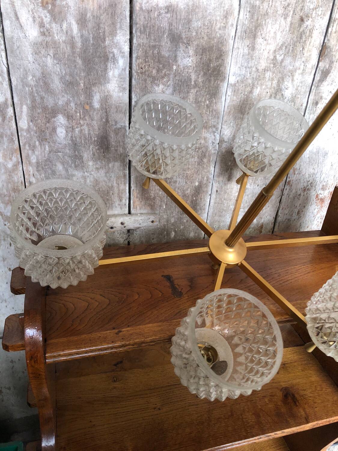 Old Chandelier 6 Lights Golden Metal + Molded Glass Reflector
