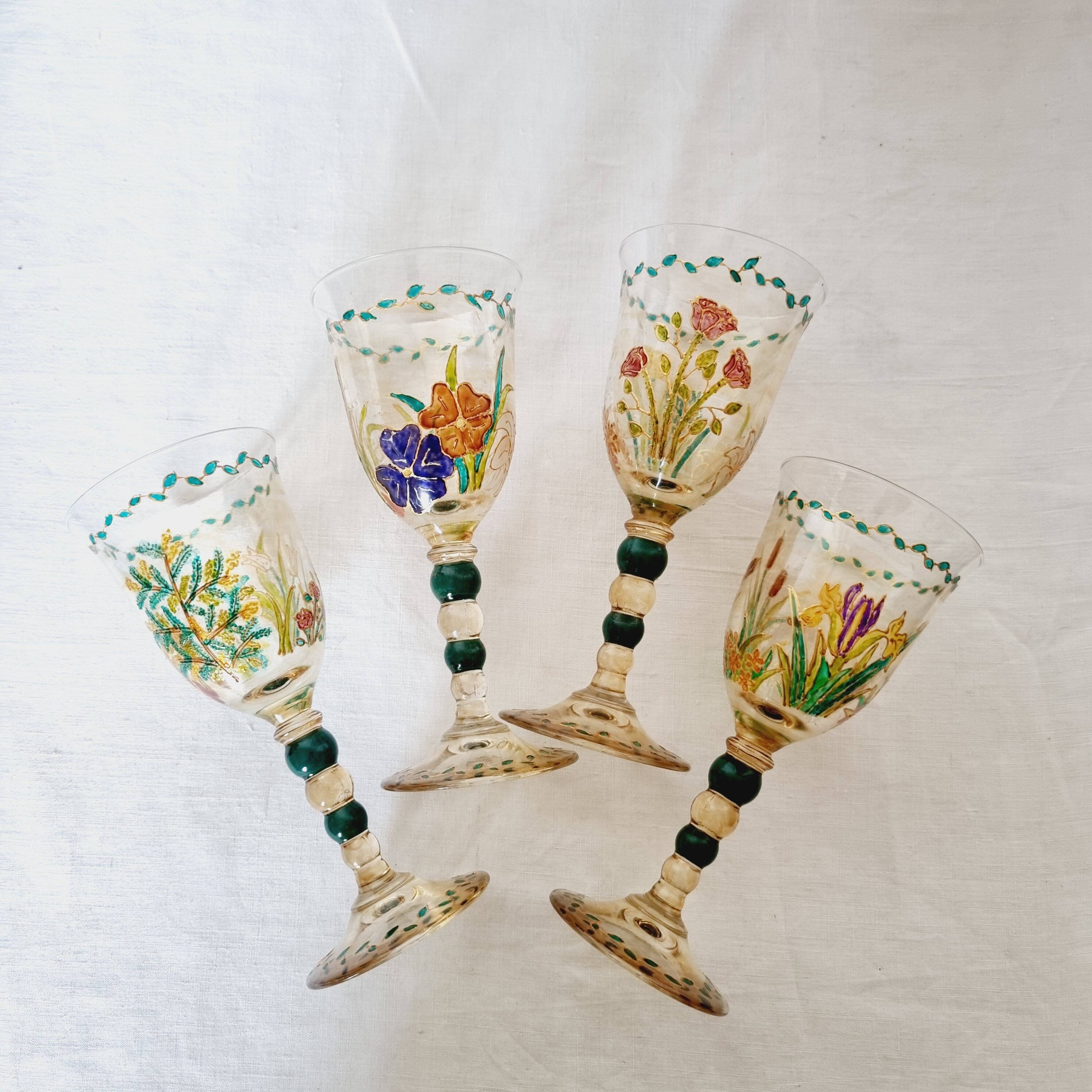 Set of 4 antique hand painted glass water or wine glasses with details inspired by the style