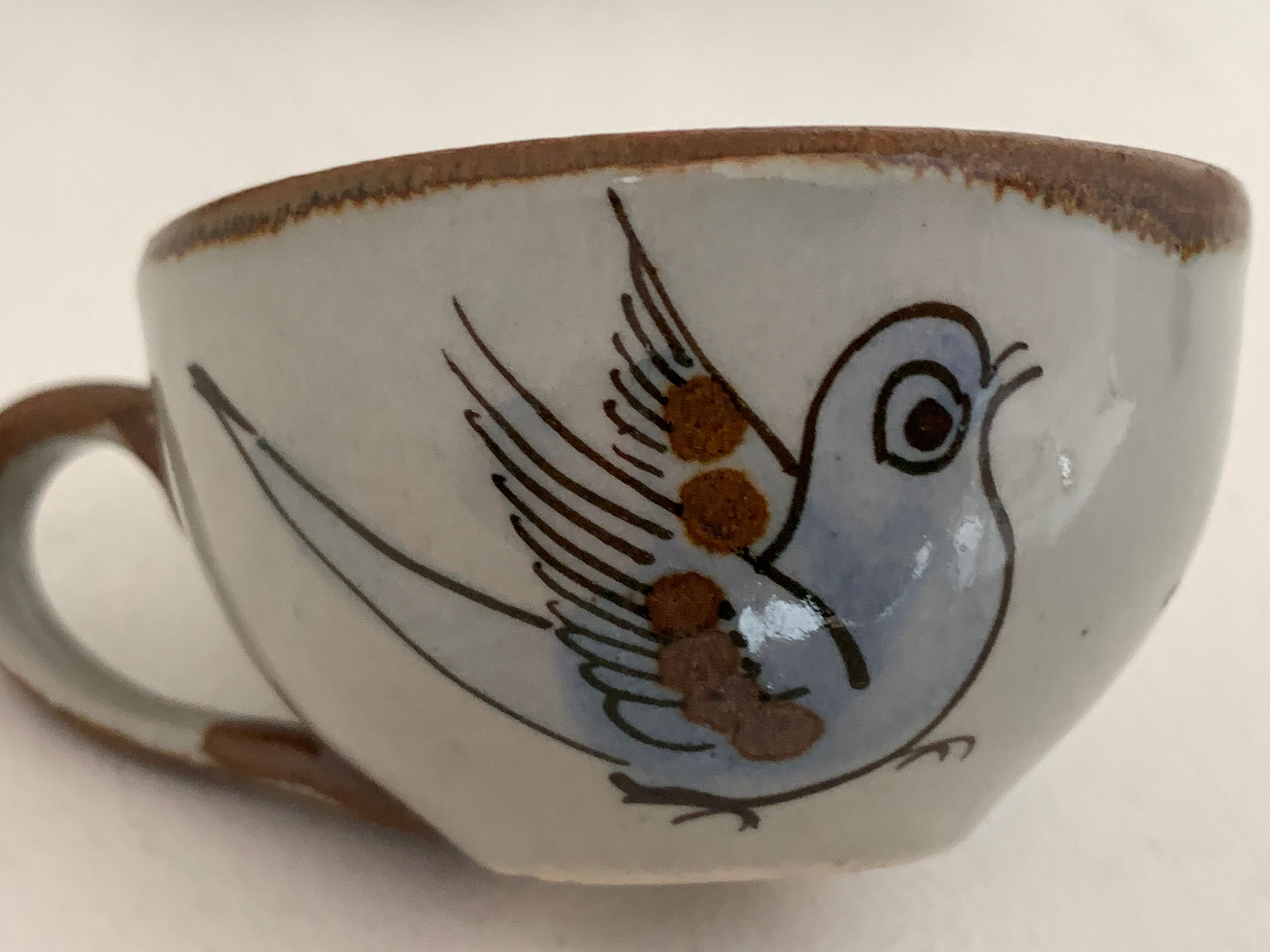 6 ceramic cups Ken Edwards, Tonala, Mexico, with sub cups and sugar