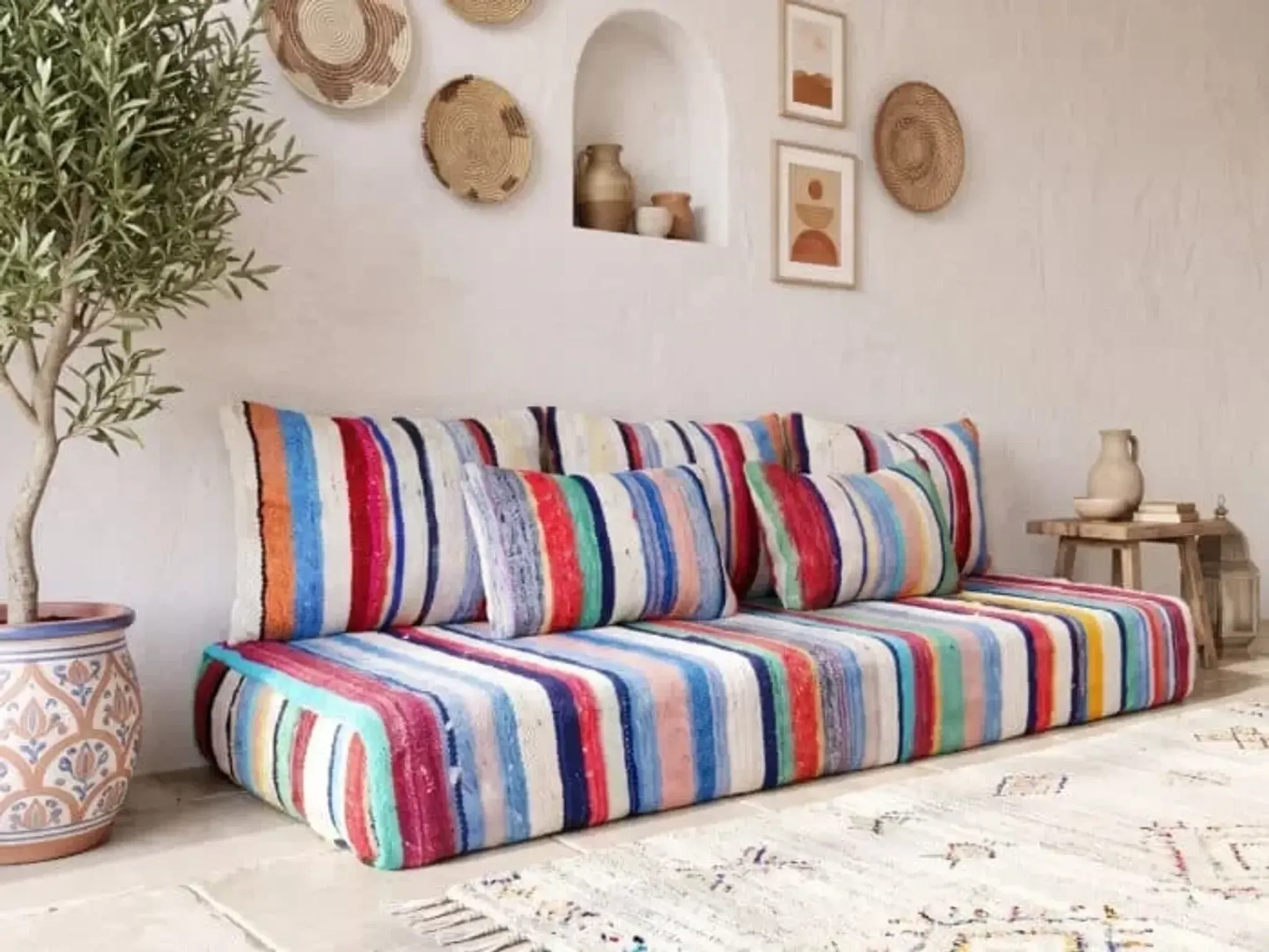 Multicoloured bohemian floor cushion – Handwoven striped recycled cotton