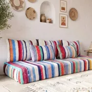 Multicoloured bohemian floor cushion – Handwoven striped recycled cotton