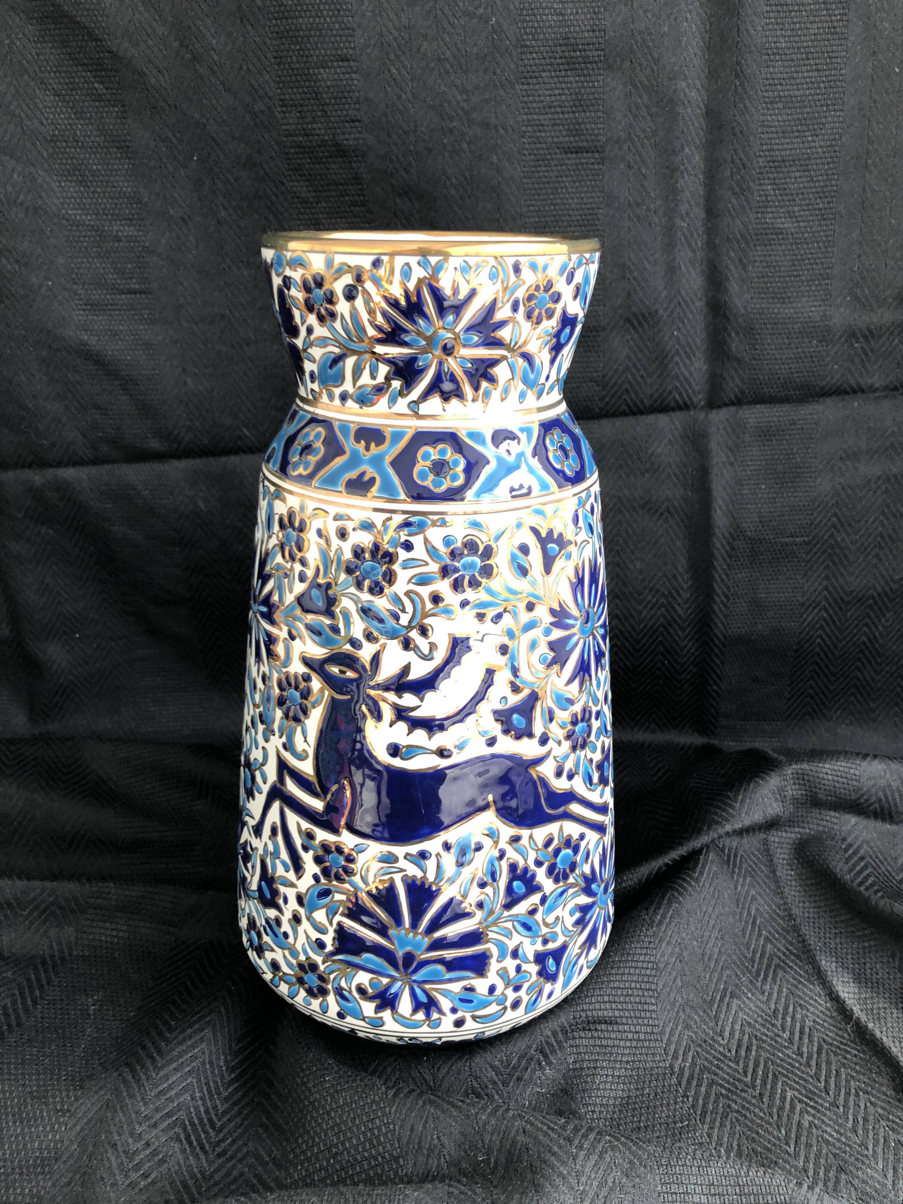 Vase grec vintage Nassos Hellas Rodos or bleu et blanc