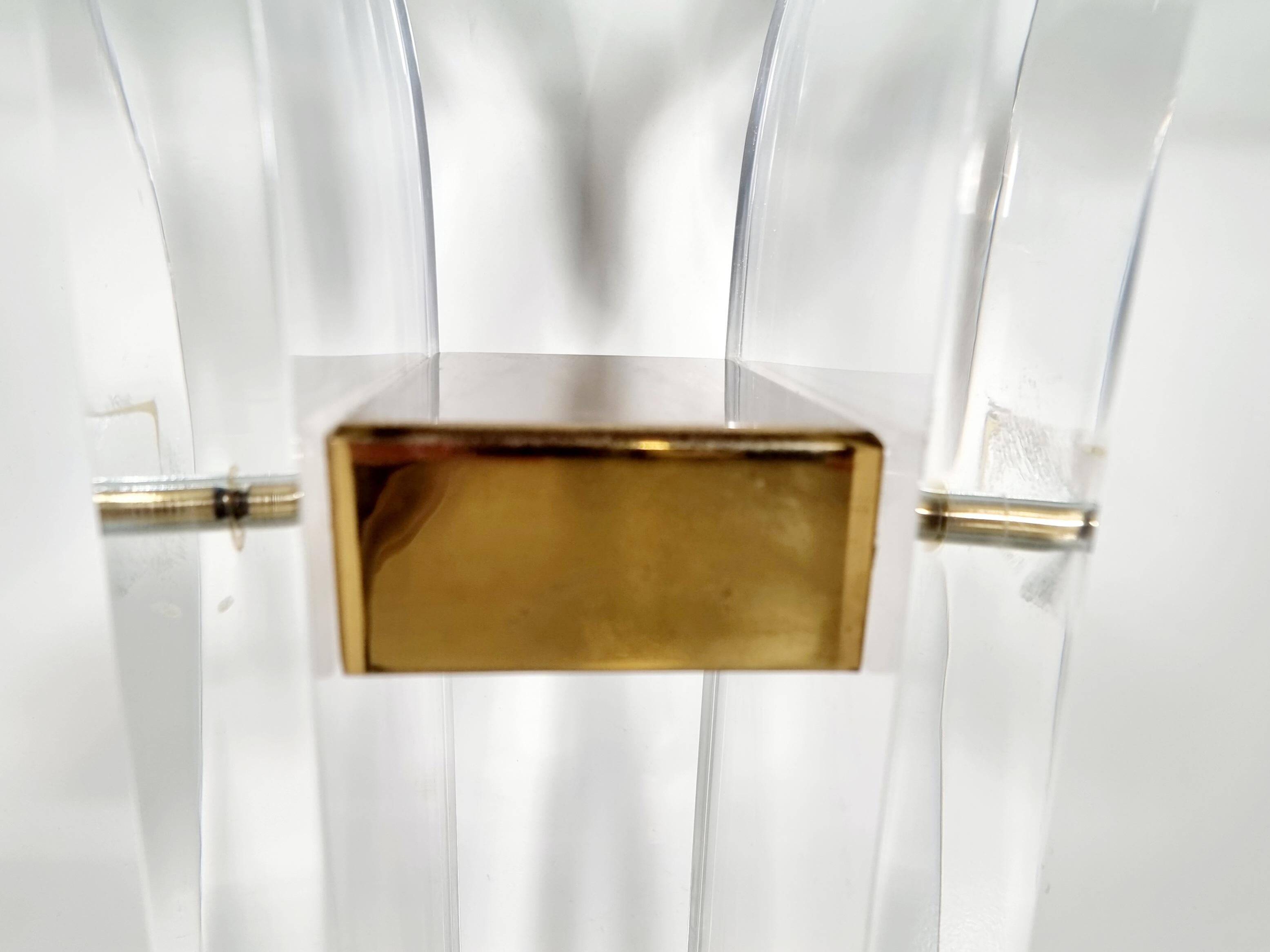 Console table by Charles Hollis Jones in lucite, brass, and glass, 1970.