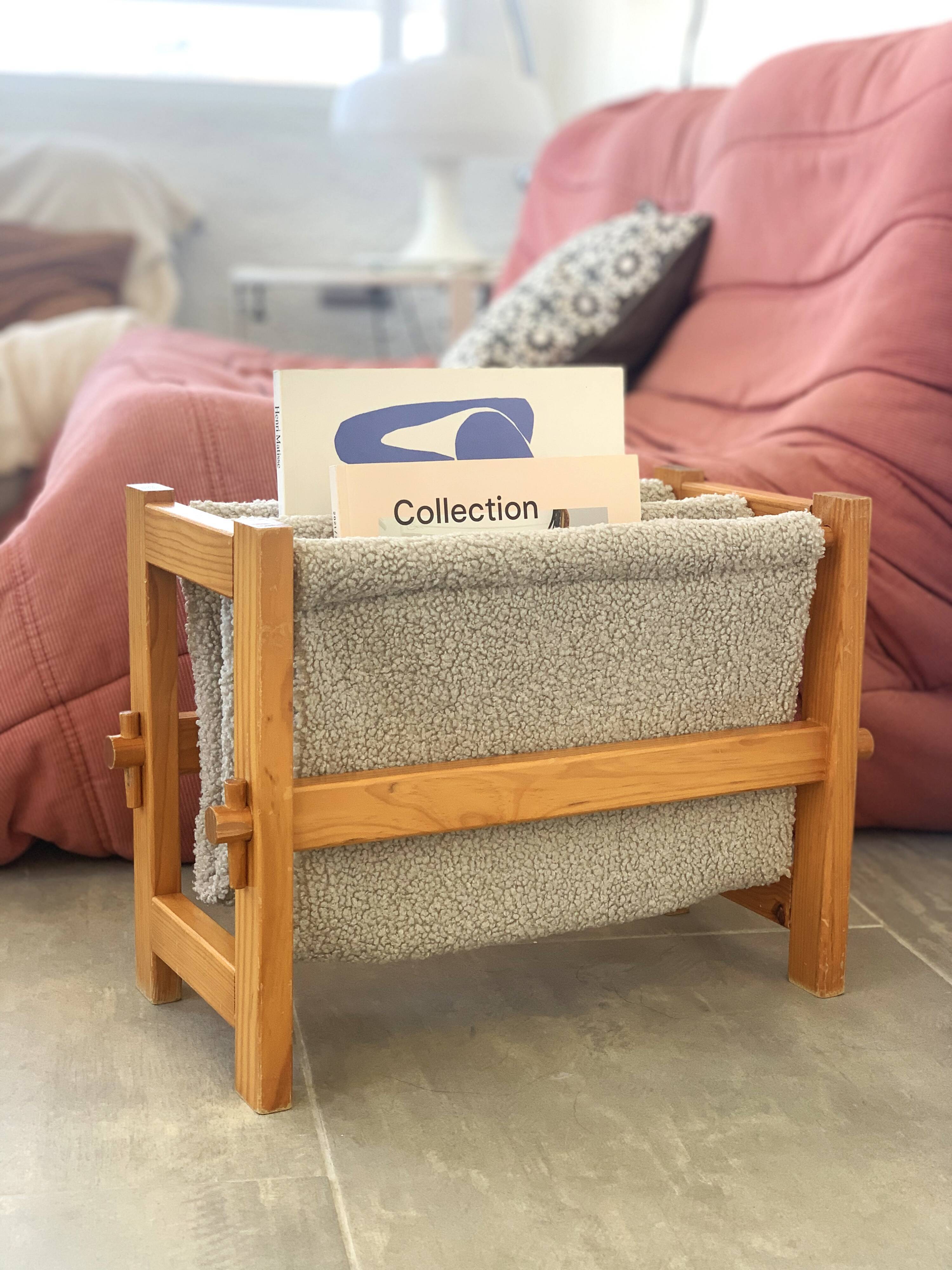 Magazine rack in wood and terry cloth, 1970