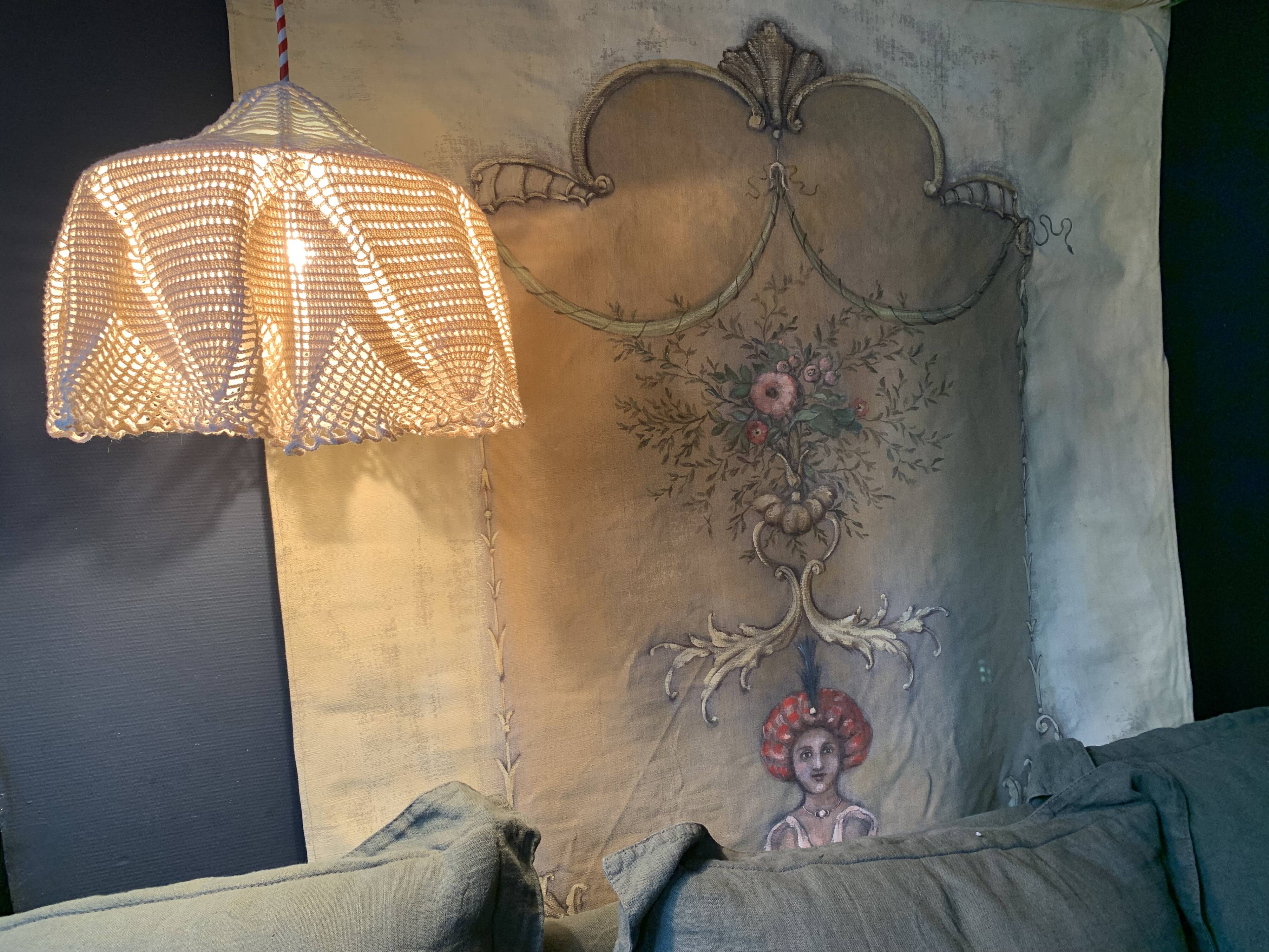 White opaline pendant light and handmade antique crochet lampshade