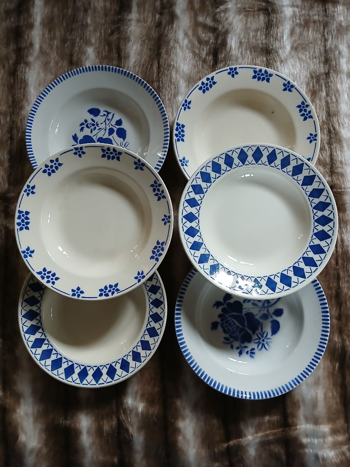 6 mismatched antique deep plates