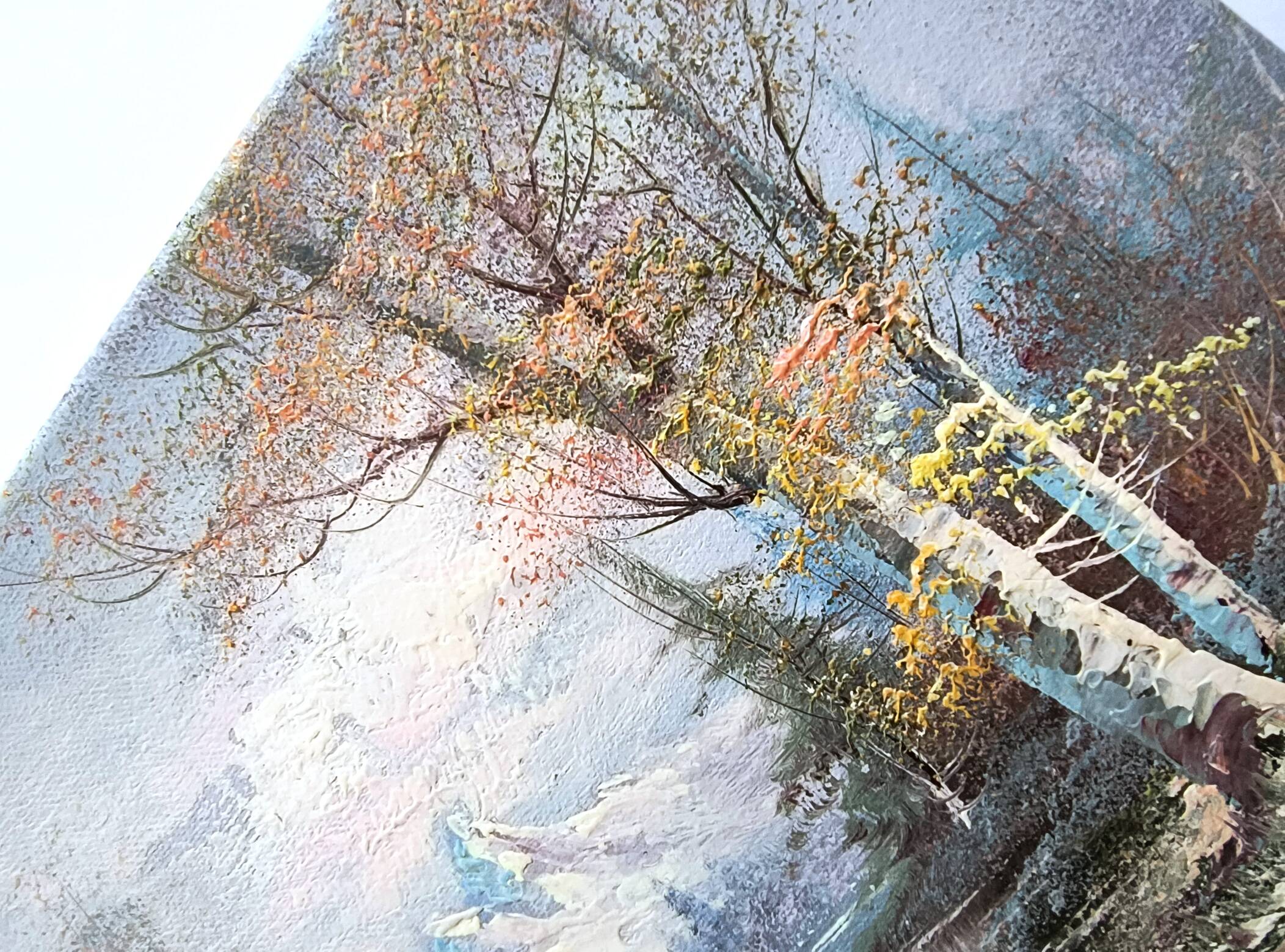 Vintage oil painting – Forest by the lake under a pastel sky