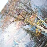 Vintage oil painting – Forest by the lake under a pastel sky