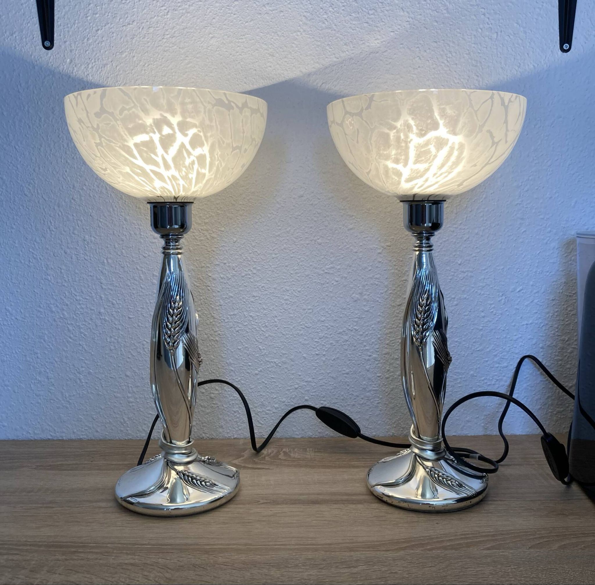 Paire de lampe argentée de Marcello gorgio abat jour murano