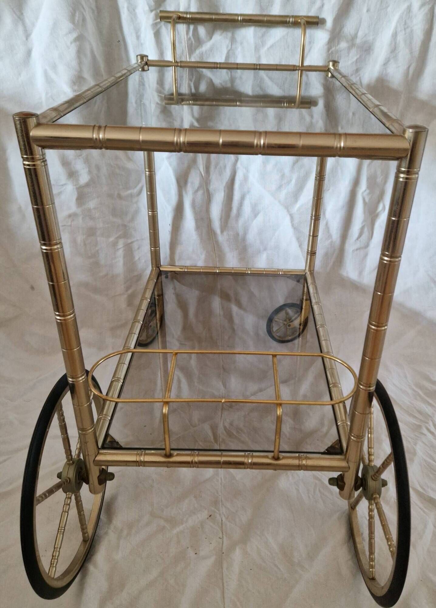 Rolling dessert trolley in gilded brass & glass from the 1970s in the style of Maison Jansen.