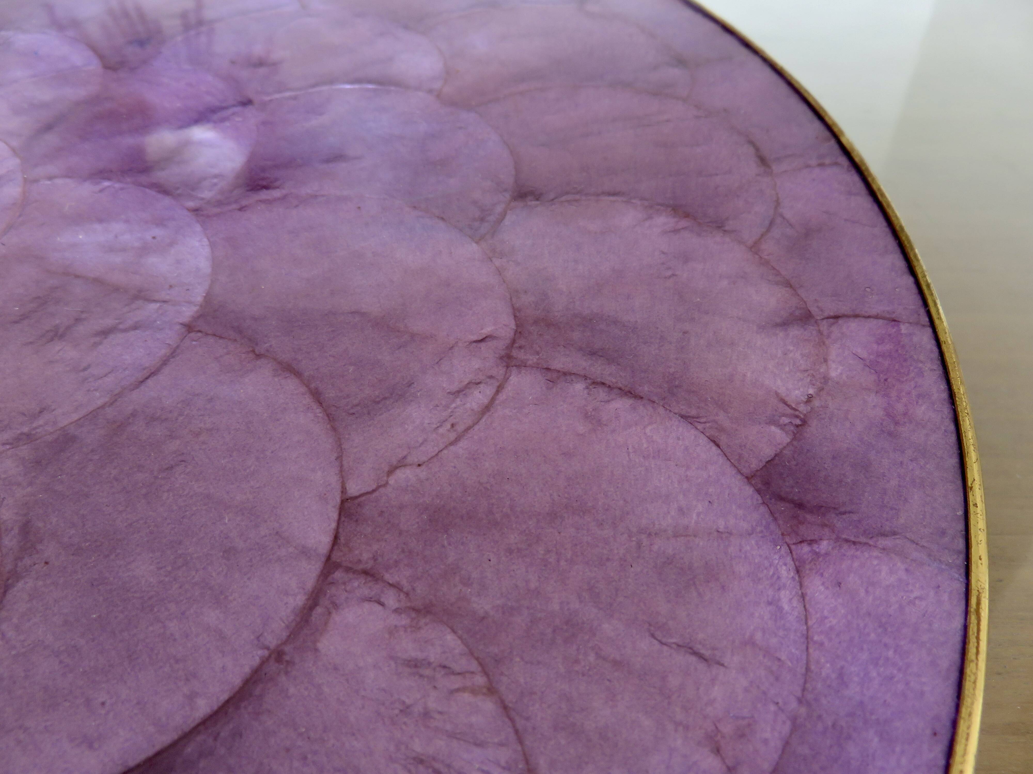 Purple mother-of-pearl trivet, Capiz from the Philippines, brass rim 1970.