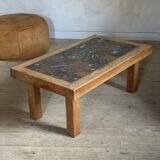 Brutalist coffee table in solid oak and marble, 1970s