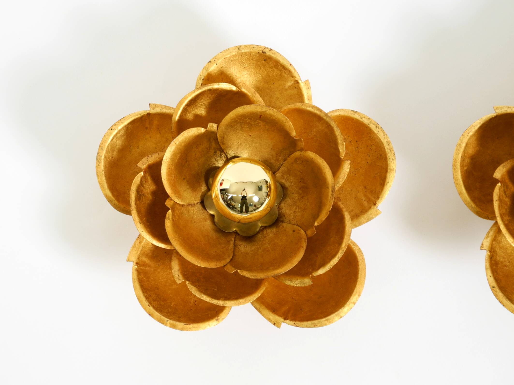 Two beautiful, large, gilt wall lamps, "Water Lily," Italy, 1960s