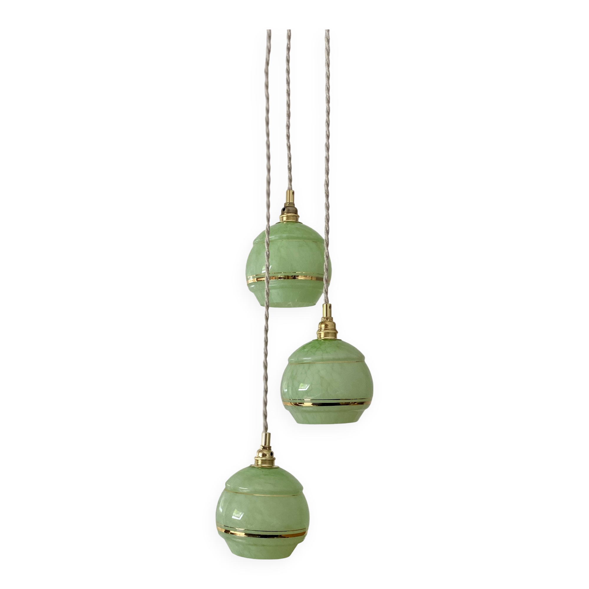 Vintage art deco triple globe pendant light in mint and gold glass