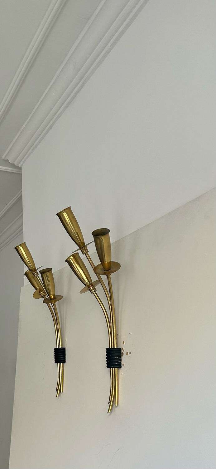 Pair of vintage wall lamps, solid brass, France 1950