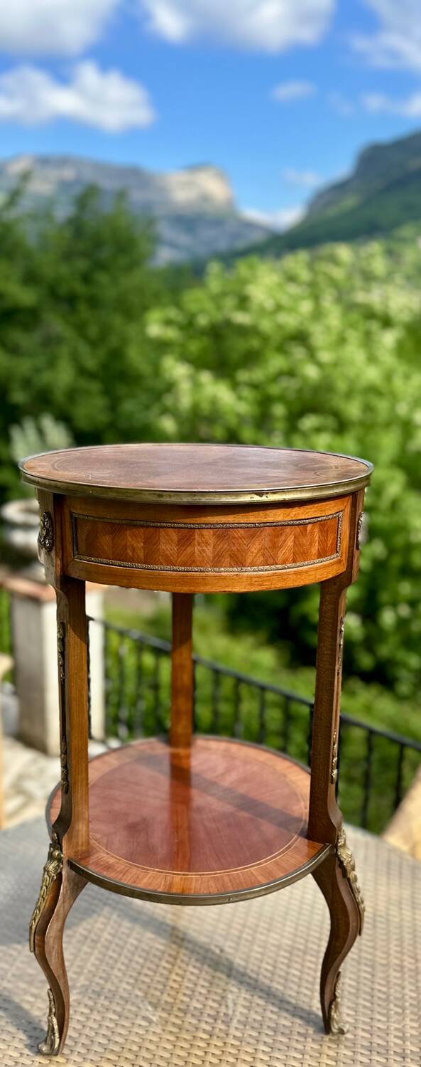 Small side table in precious wood marquetry in the Louis XV style.