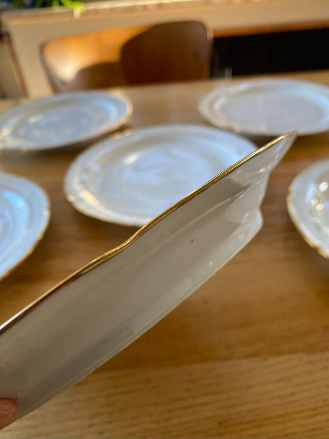 6 fine porcelain dinner plates with gold frieze