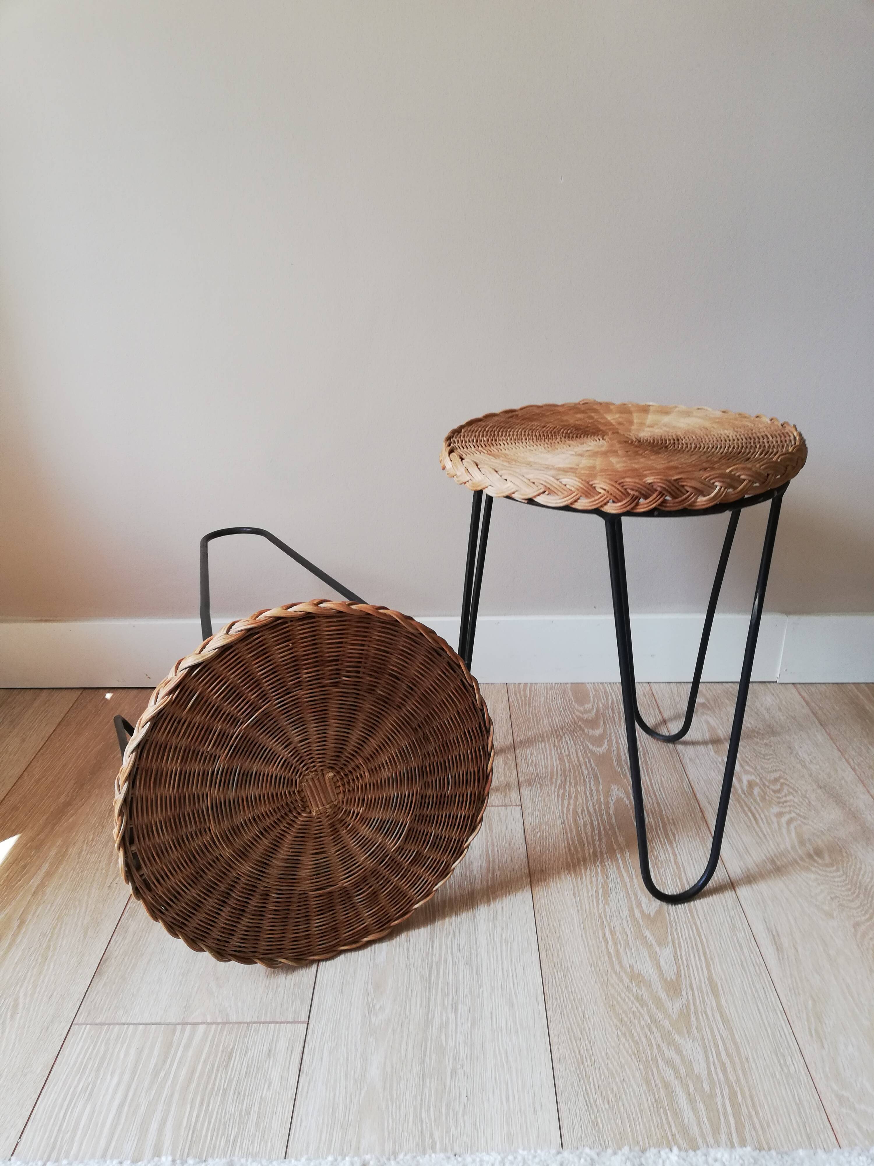 Metal and rattan tripod side table pair