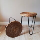 Metal and rattan tripod side table pair