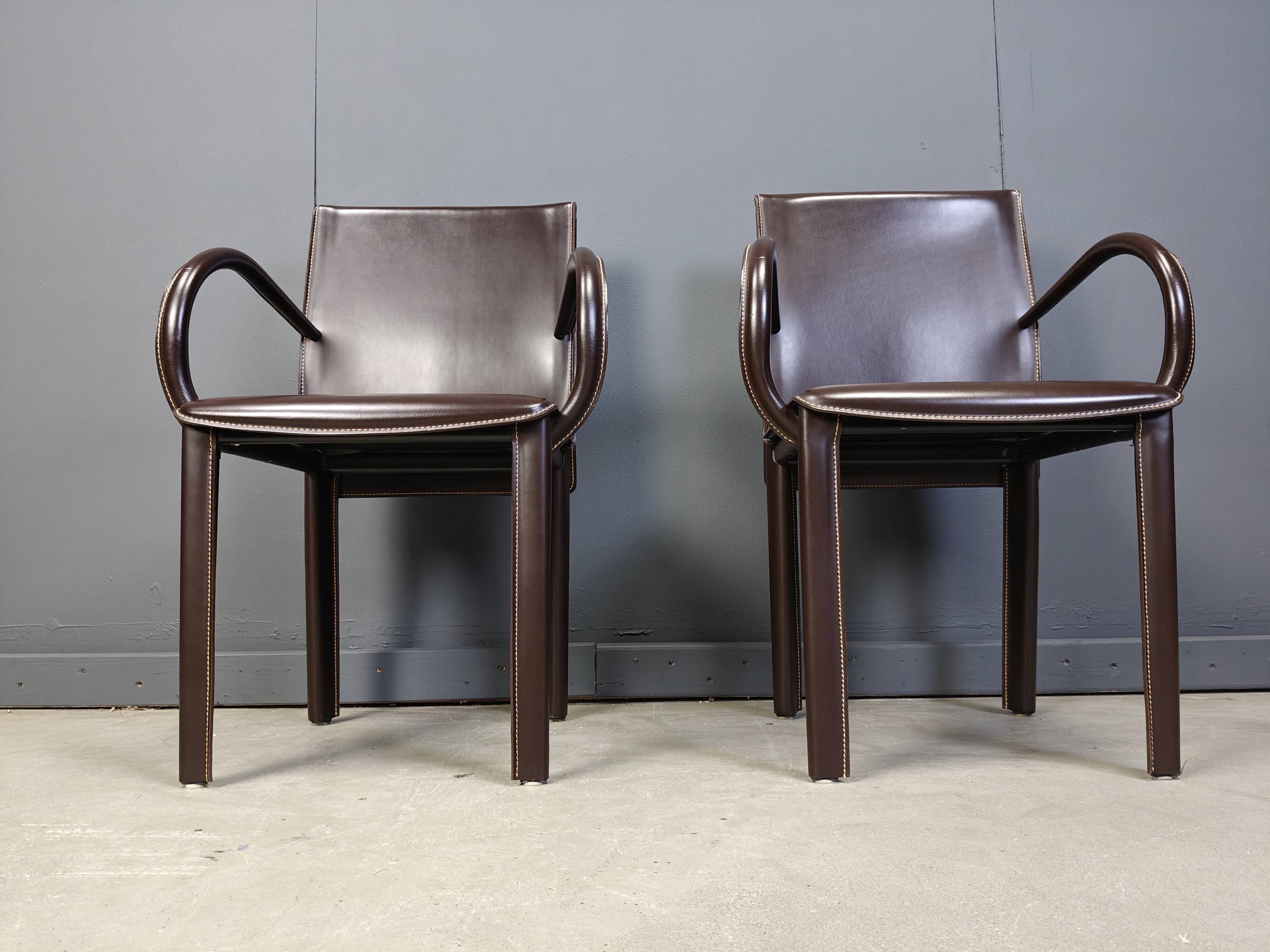 Pair of brown leather armchairs by Arper italy, 1980s