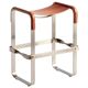 Contemporary bar stool in aged silver steel and natural tobacco leather.