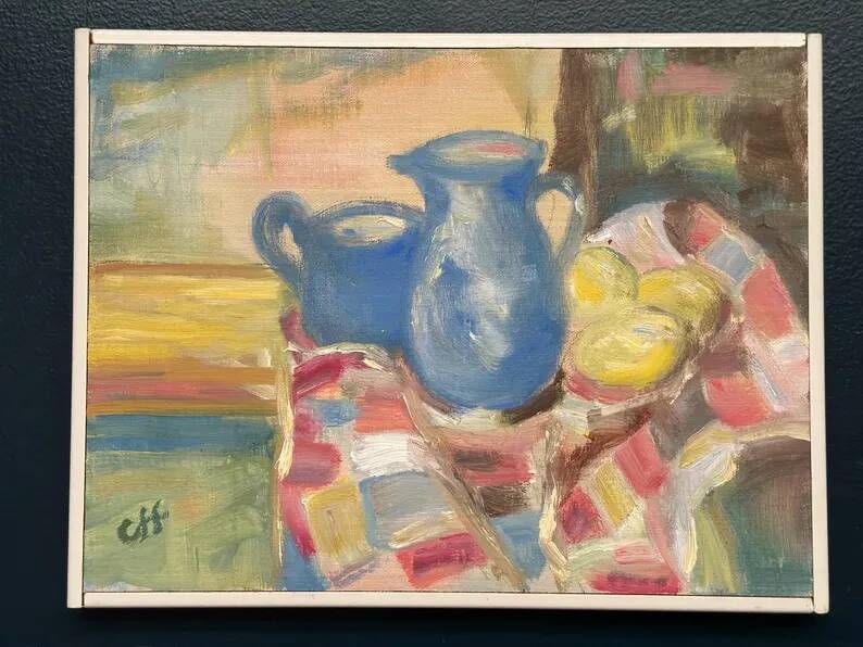 Original Swedish Oil on Panel – “Blue Pitchers and Lemon” by Off – Signed – Vintage and Framed – 37 × 29 cm (14.6 in × 11.4 in)