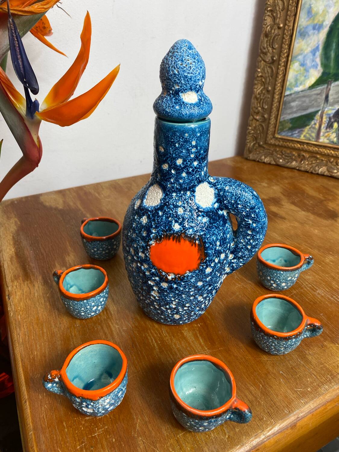 Liqueur service, ceramic, sea foam, Vallauris