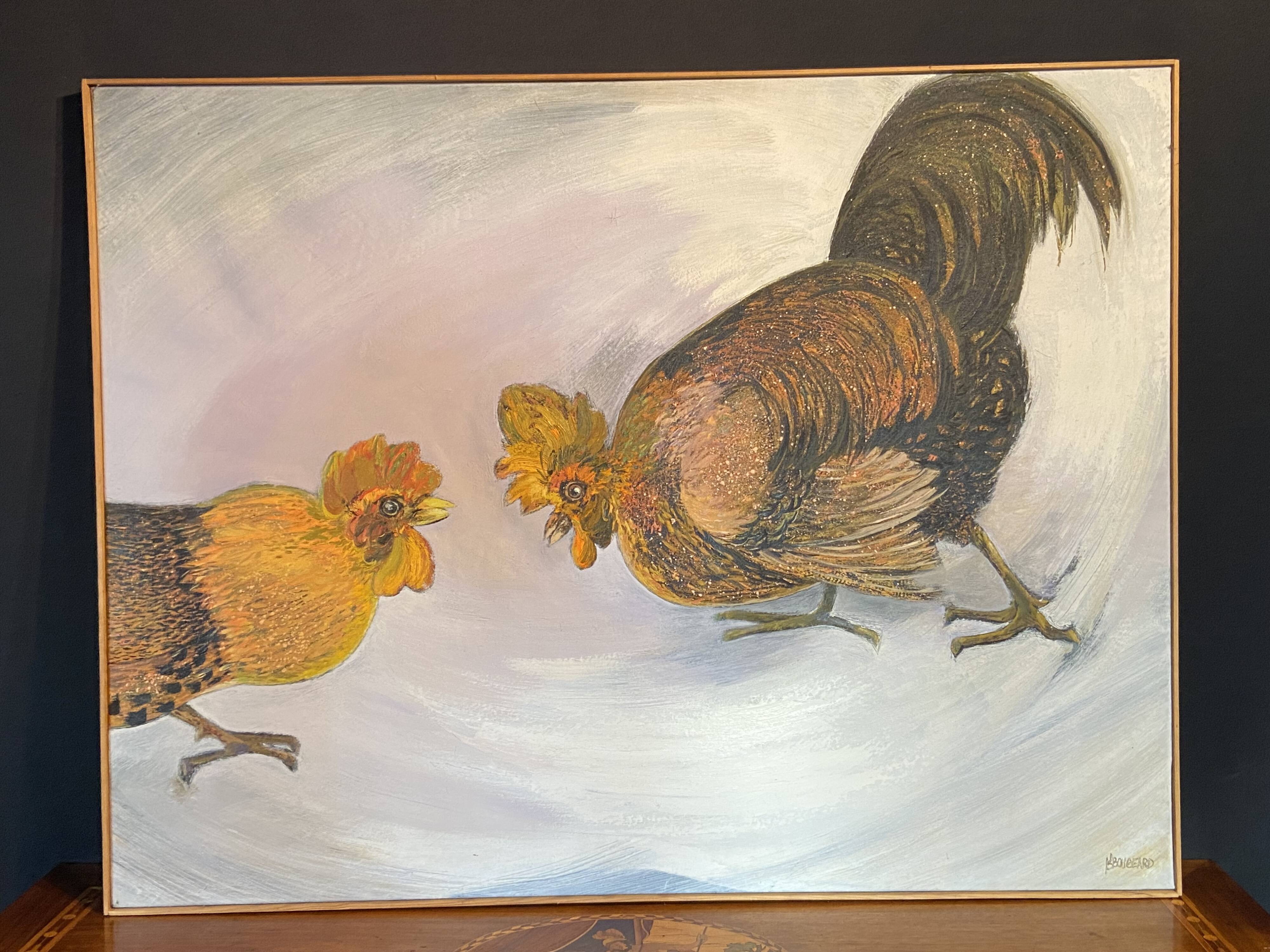 Large oil painting on canvas of a cockfight by Yves BOUGEARD