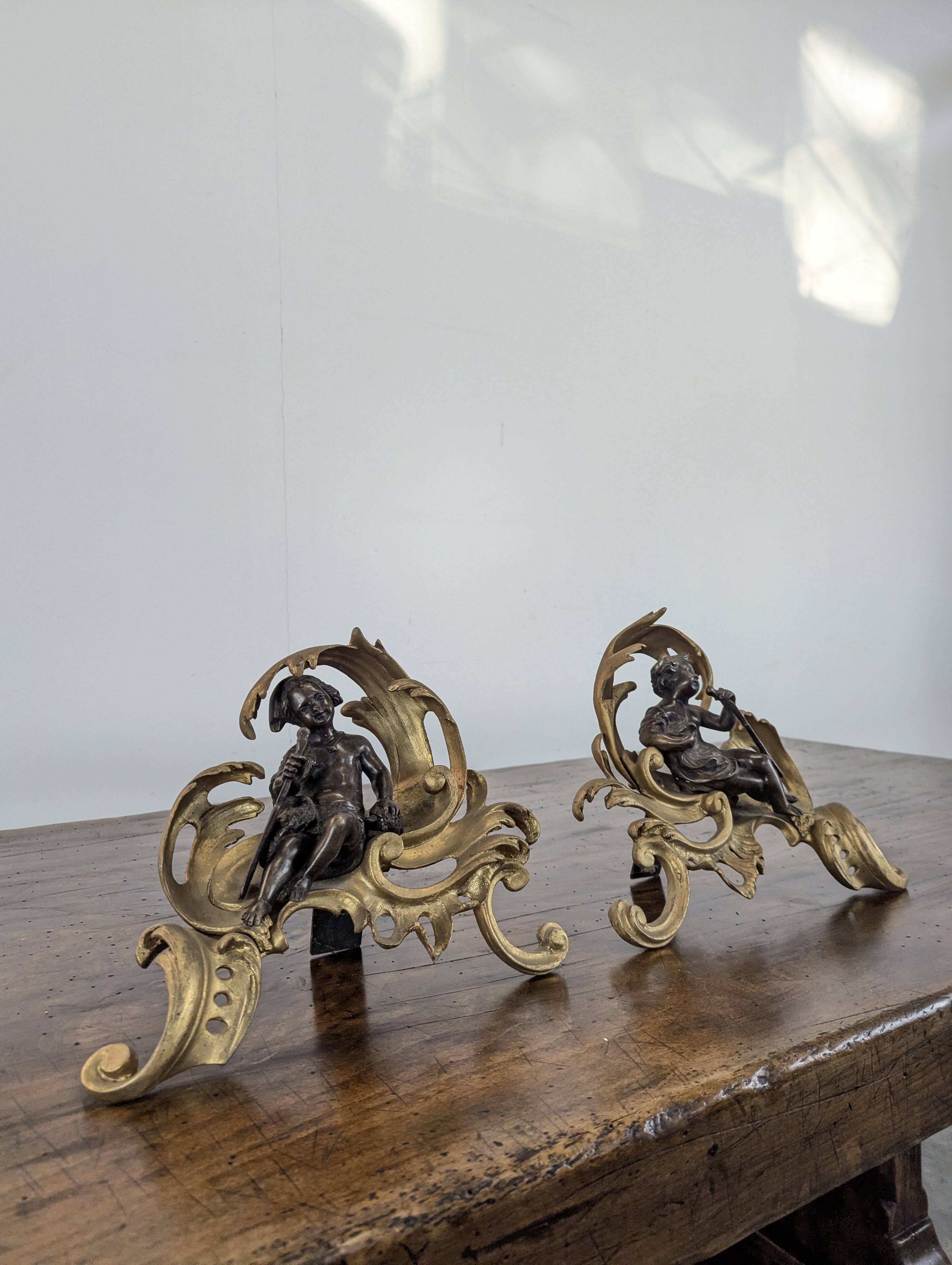 Pair of bronze fire dogs in the Louis XV style