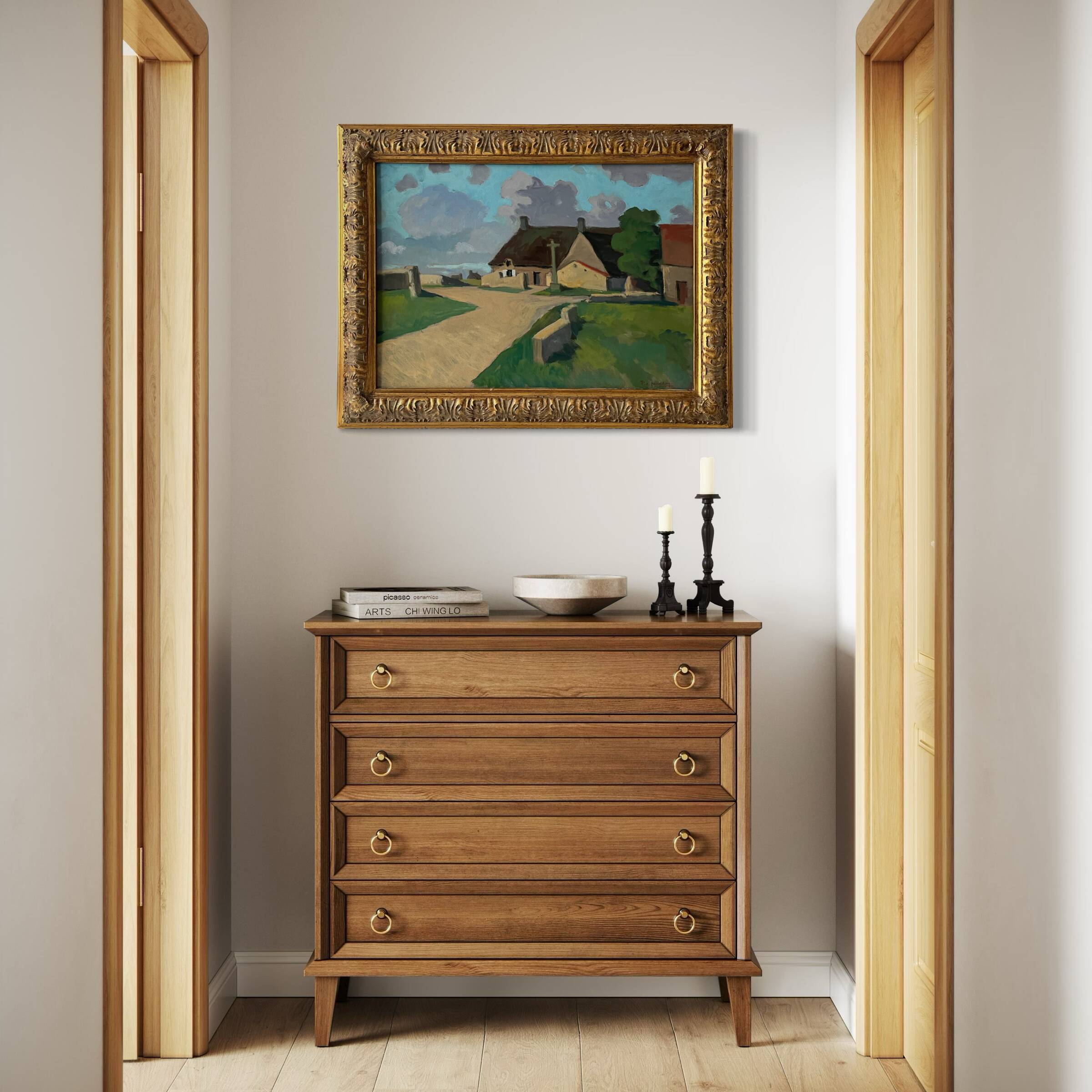 Large oil on panel of a Breton landscape 1950, antique painting signed.