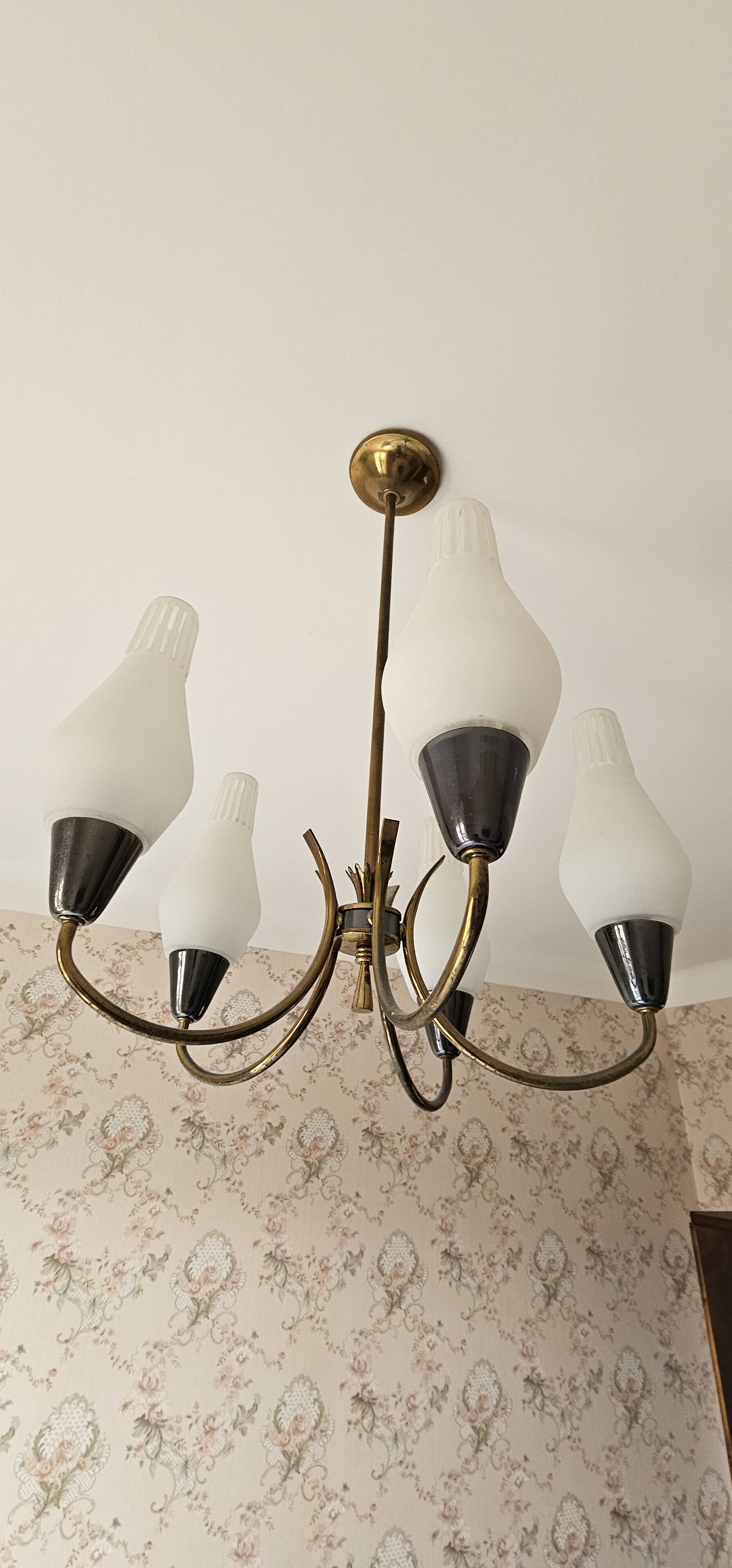 Swedish designer, chandelier, brass, glass, Sweden, 1950s