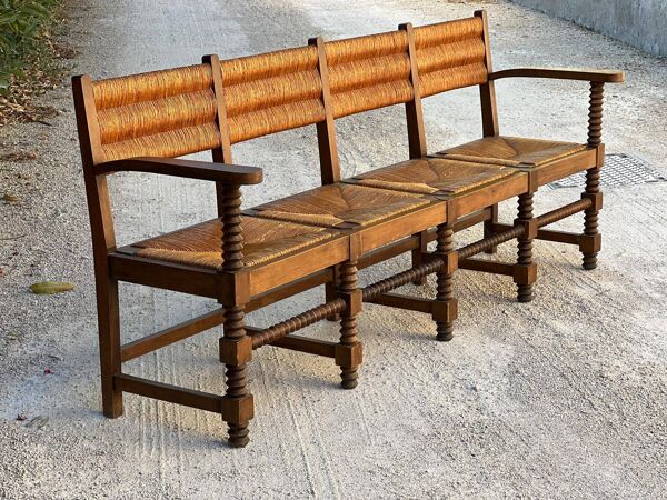 Banc en chêne massif et paille travail français 1940