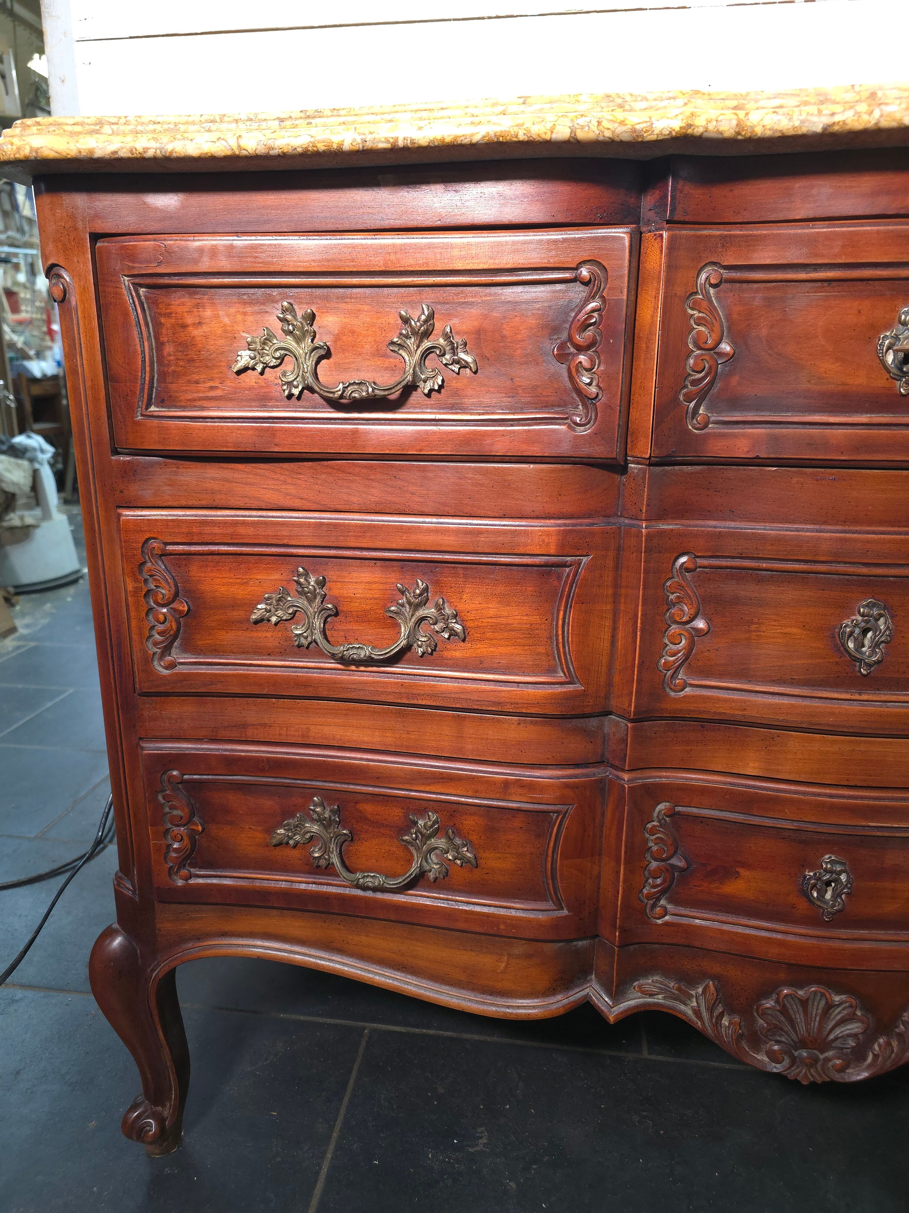 Crossbow commode in solid cherry wood, Louis XV style with marble top.