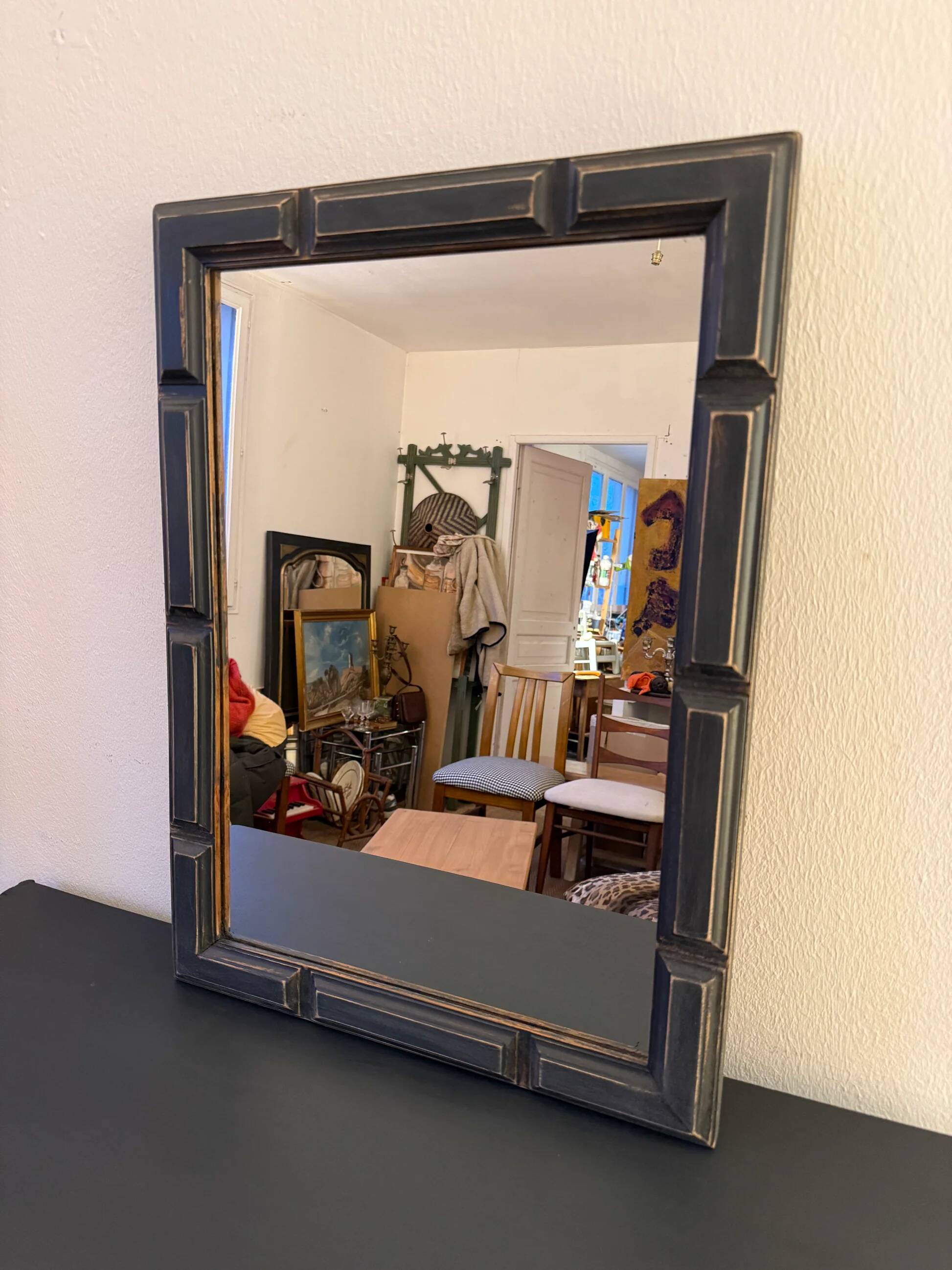 Patinated black rectangular wooden mirror