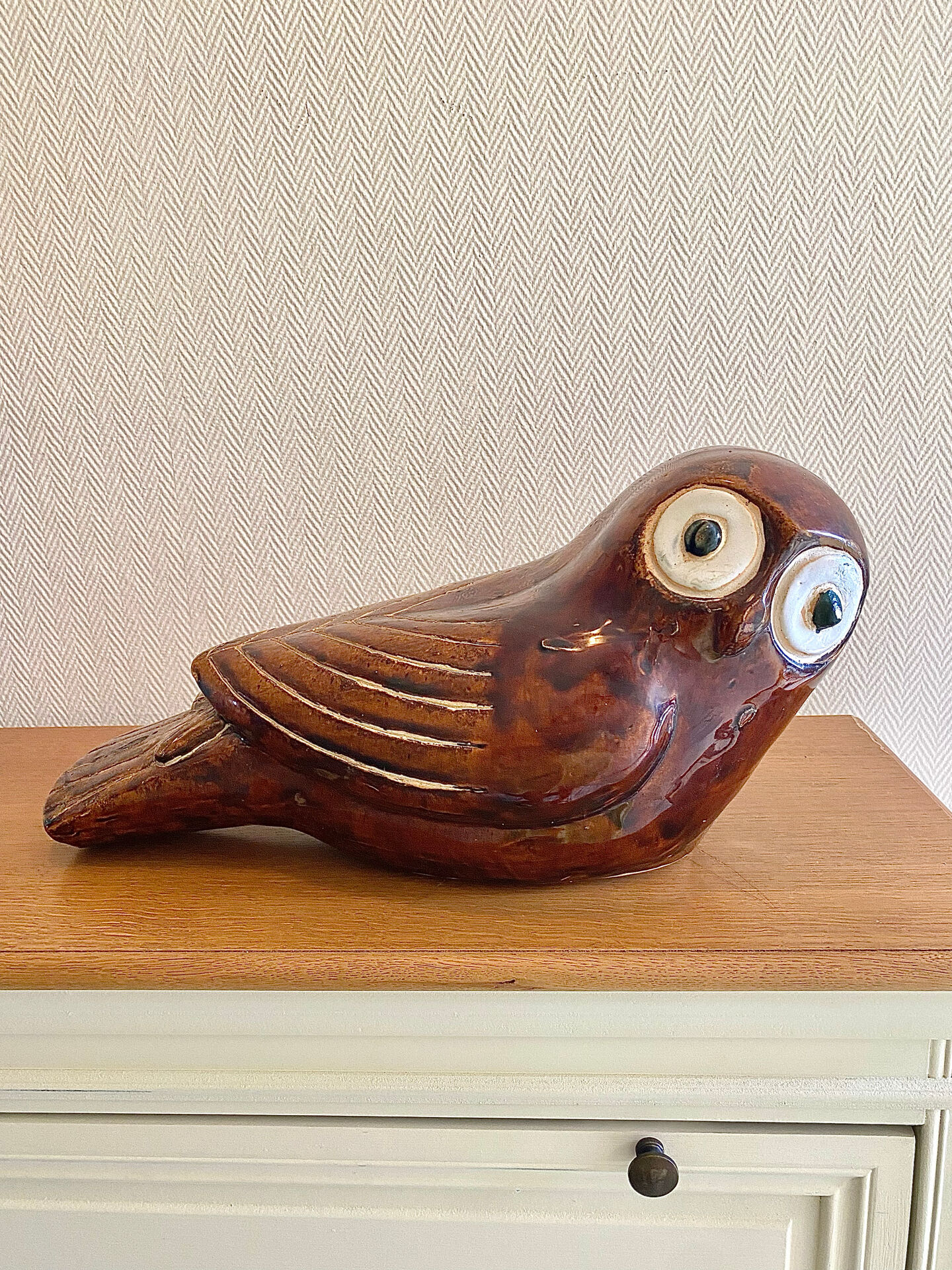 Large glazed ceramic owl sculpture signed