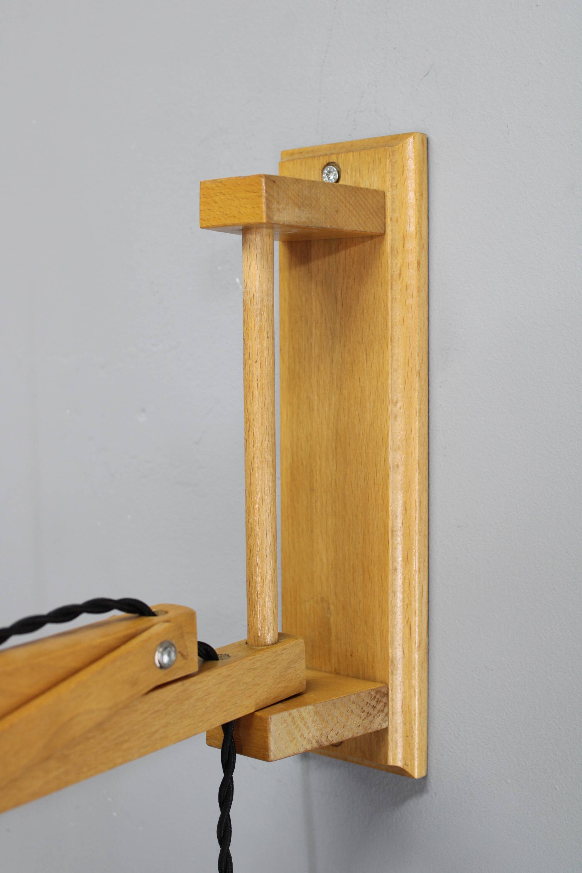 Mid-century adjustable wooden wall lamp with rattan shade, Lipta, 1970s