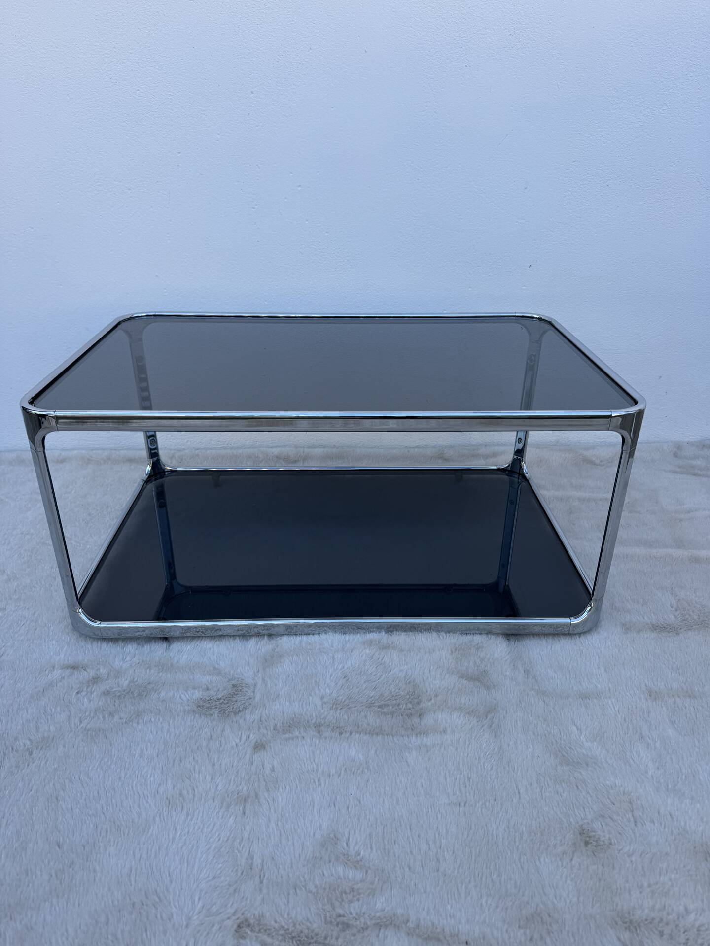Chrome and smoked glass coffee table from the 1970s.