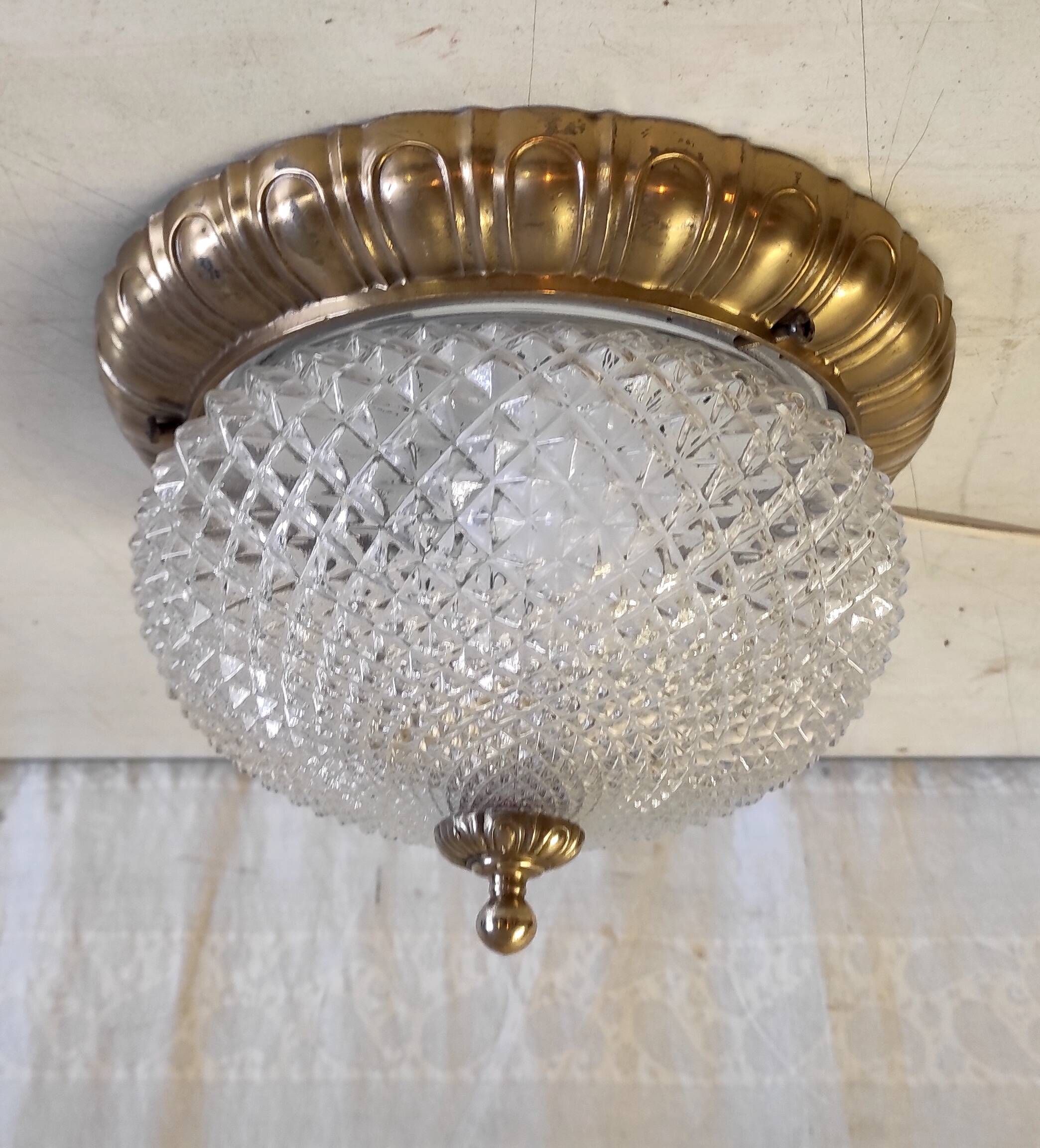 Golden brass ceiling light with diamond-shaped moulded glass - 1980s