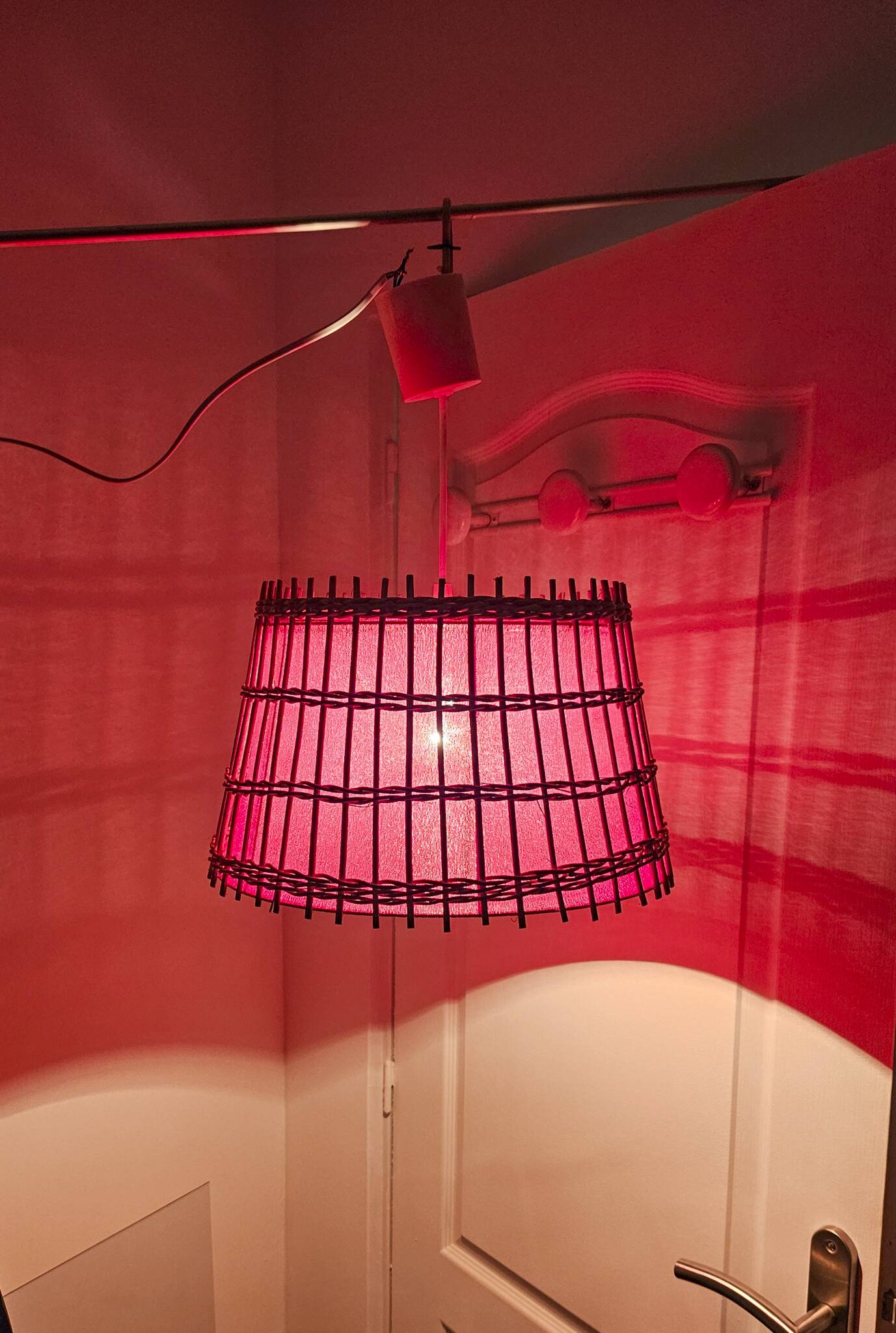 Vintage rattan pendant light - red fabric interior shade from the 60s