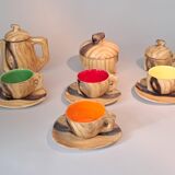 13-piece coffee service in faux wood Granjean Vallauris 1960.
