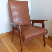 Scandinavian brown skai and wood armchair