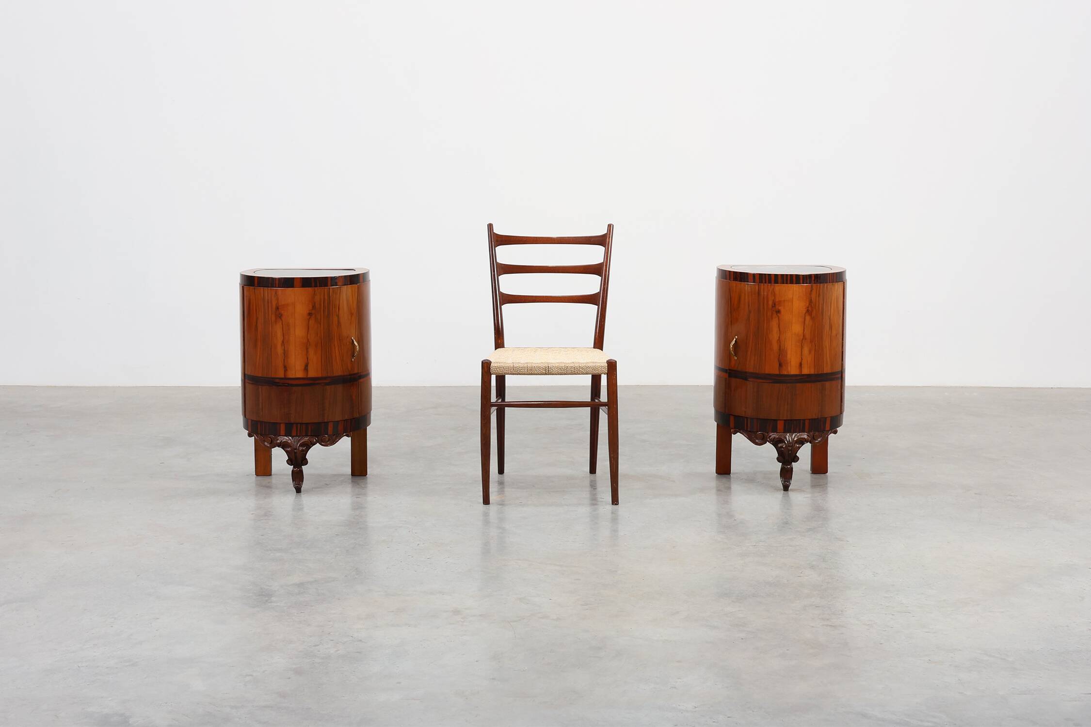 Pair walnut and marble Art Deco Nightstands, Italy 1920s